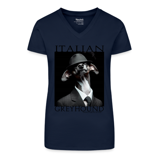 T-shirt bio col V Femme - bleu foncé - t-shirt femme lévrier innoverto - innoverto.nice - innoverto.dog