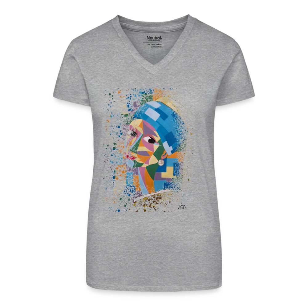 T-shirt bio col V Femme - gris chiné - t-shirt la jeune fille à la perle Vermeer innoverto - innoverto.nice