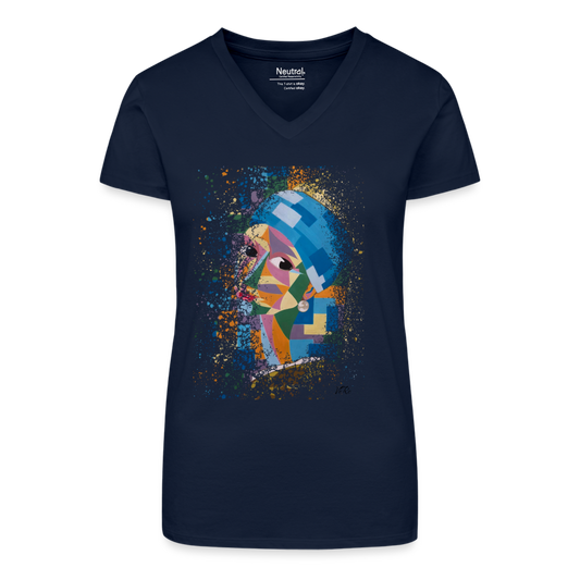 T-shirt bio col V Femme - bleu foncé - t-shirt la jeune fille à la perle Vermeer innoverto - innoverto.nice