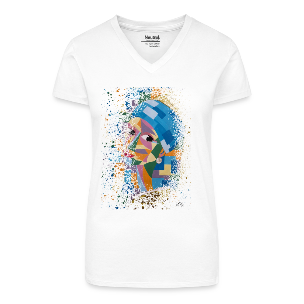 T-shirt bio col V Femme - blanc - t-shirt la jeune fille à la perle Vermeer  innoverto - innoverto.nice 