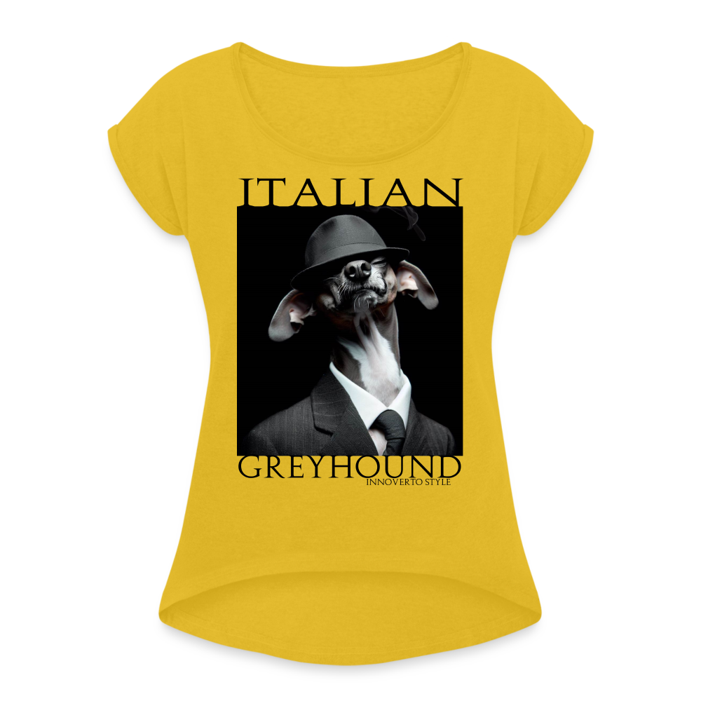 T-shirt à manches retroussées Femme - jaune moutarde - t-shirt femme lévrier innoverto - innoverto.nice - innoverto.dog
