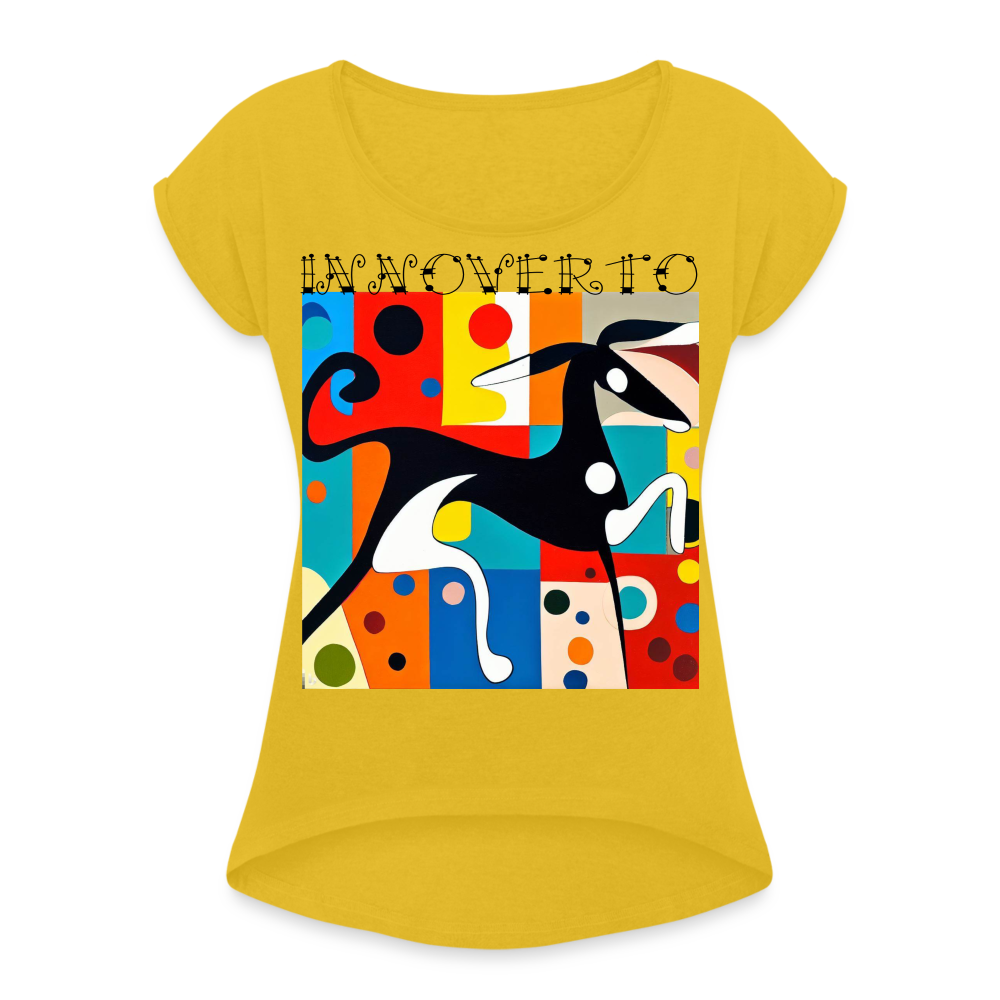 T-shirt à manches retroussées Femme - jaune moutarde - t-shirt femme lévrier innoverto - innoverto.nice - innoverto.dog